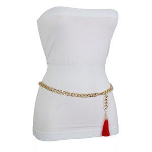 Women Skinny Bling Belt Gold Metal Chain Link Red Fringes Tassel Buckle M L XL